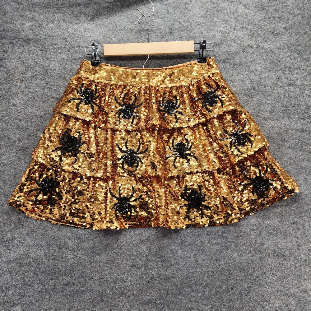 Peach Love California Skirt Womens Medium Gold Black Sequin Spiders Halloween